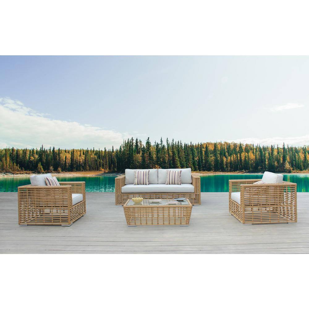 4-Piece Brown Aluminum Patio Sofa Set with White Cushions