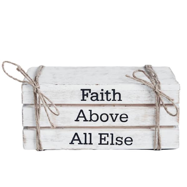 VHC BRANDS 2.5 in. H Whitewash Faith Above All Else Wooden Faux Book Stack