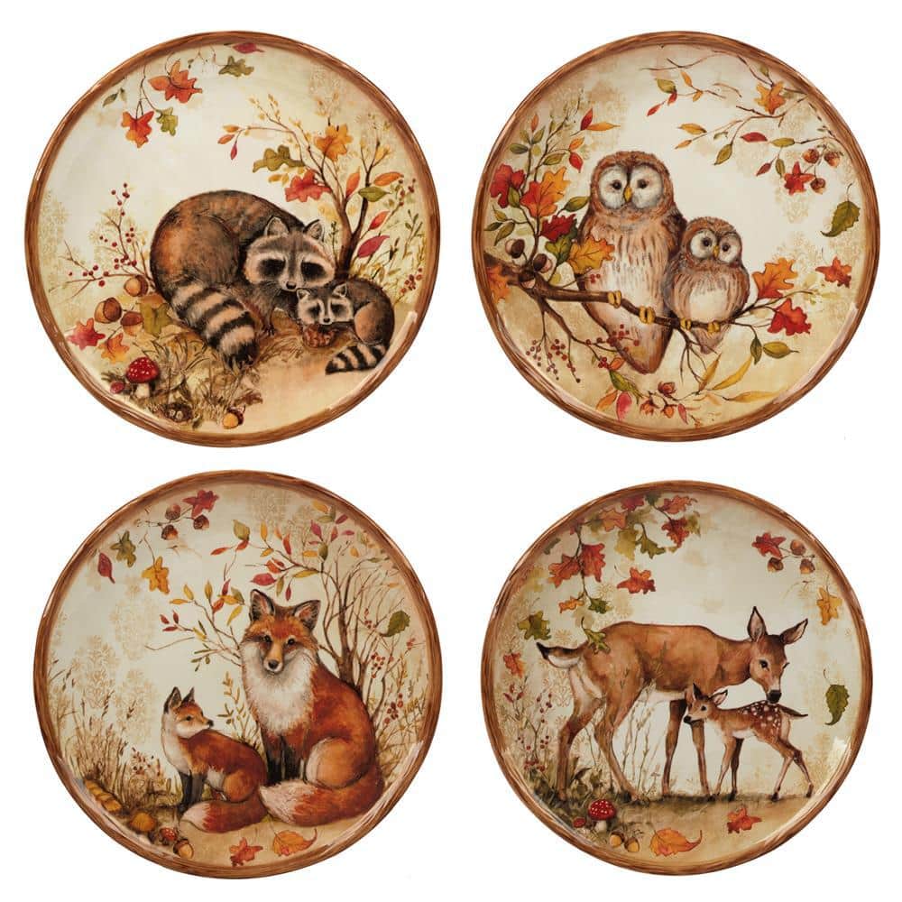 Pine Forest Ceramic Dinnerware Set with Forest Critters, Service for 4