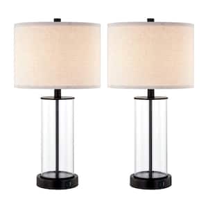23 in. Clear Glass Bronze Table Lamp Set with Bulbs, Dual USB Ports, and AC Outlet (set of 2)
