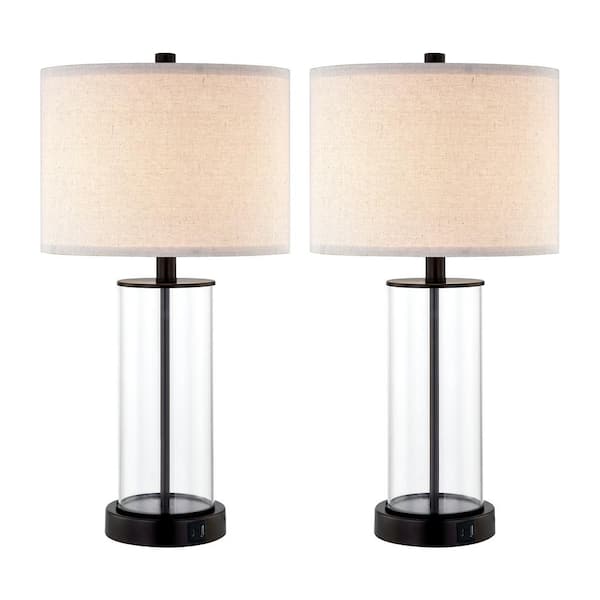 KAWOTI 23 in. Clear Glass Bronze Table Lamp Set with Bulbs, Dual USB Ports, and AC Outlet (set of 2)