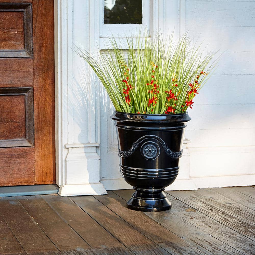Black 16" Resin Outdoor Urn Planter with Gloss Finish