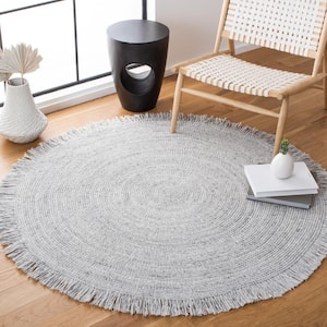 Braided Gray/Ivory 5 ft. x 5 ft. Round Striped Geometric Area Rug