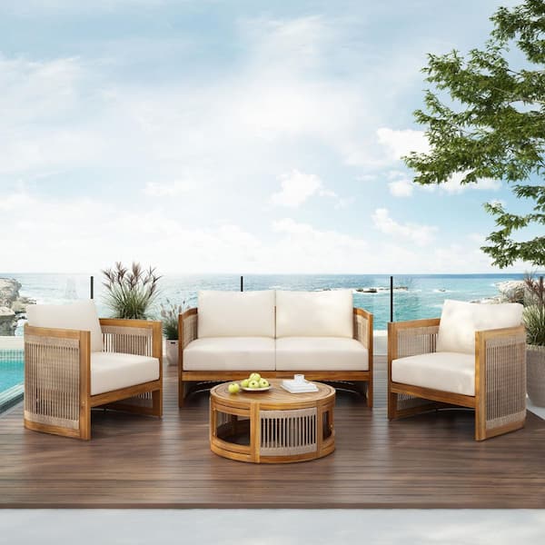Teak 4-Piece Acacia Wood Outdoor Patio Conversation Set with Coffee Table and Beige Cushions