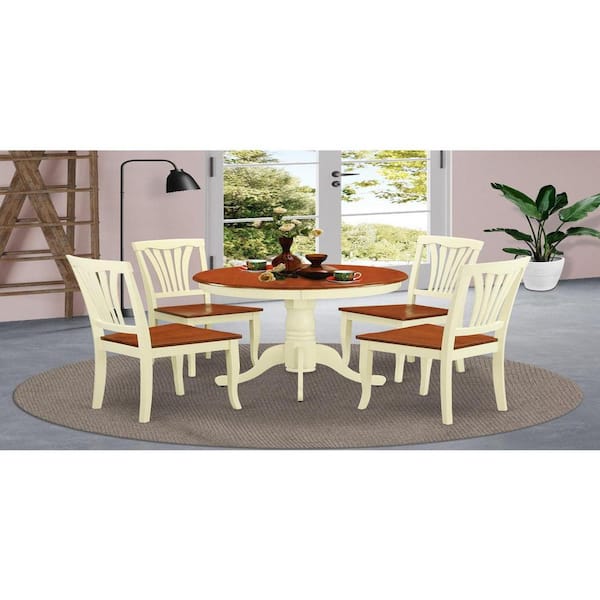 East West Furniture 5-Piece Round Buttermilk and Cherry Finish Solid Wood Top Dining table with 4 Chairs with Lattice Back