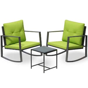 Serenity Decor 3-Piece Rocking Bistro Set--Glass Coffee Table with 2 Chairs-Green