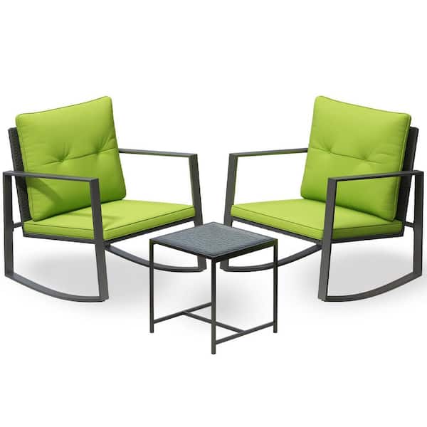 Pyramid Home Decor Serenity Decor 3-Piece Rocking Bistro Set--Glass Coffee Table with 2 Chairs-Green