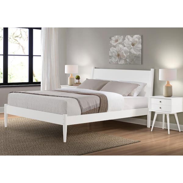 Camaflexi Mid Century White Twin Size, White King Size Platform Bed With Headboard