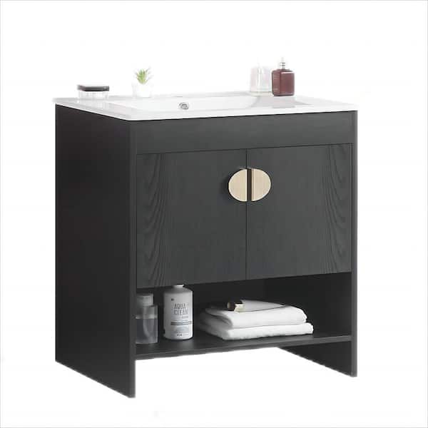 Modland Yunus 30 in. W x 18 in. D x 32 in. H Single Sink Freestanding Bath Vanity in Black with White Ceramic Top