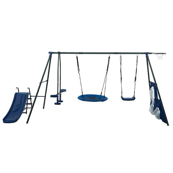 Outdoor Blue Swing Set with 6-Function with 31.5 in. Net Swing for Outdoor Playground for Age 3 Plus