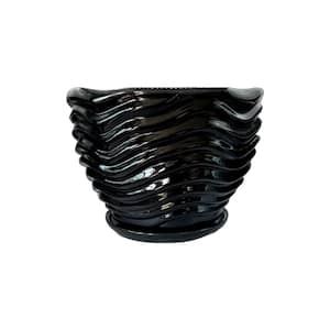 Botanical Bower 9 in. glazed Black clay indoor/ outdoor planter with plate