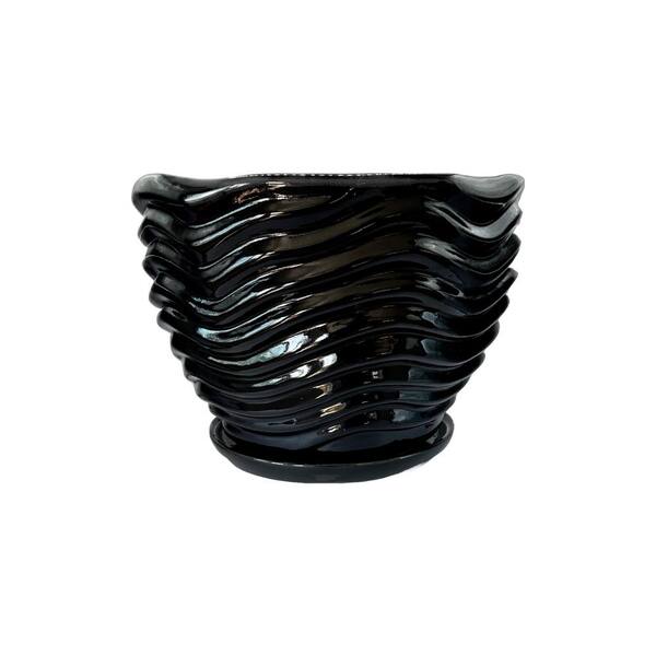 Unbranded Botanical Bower 9 in. glazed Black clay indoor/ outdoor planter with plate