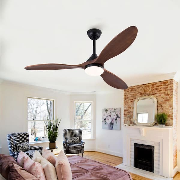 52 in. Brown 3-Solid Wood Blades Downrod Standard Ceiling Fan with Dimmable LED Light and Remote Control Included