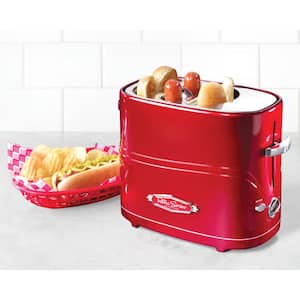 Retro Series 2-Slice Red Long Slot Hot Dog and Bun Toaster with Crumb Tray and Mini Tongs
