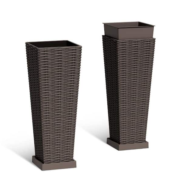 Rattan Texture Brown Outdoor Resin Tapered Planter Set with Drainage and Liners, 24 in. 2-Pack