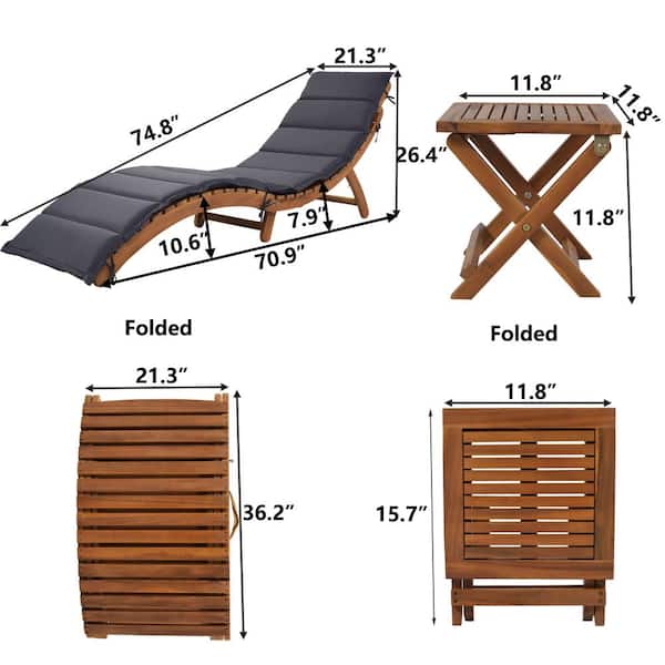 Brown 2 Piece Wood Outdoor Portable, Chaise Lounge Outdoor Foldable Table