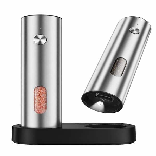 Stainless Steel Electric Salt and Pepper Grinder Set with Dual Charging Dock, LED Light, and Coarseness Dial