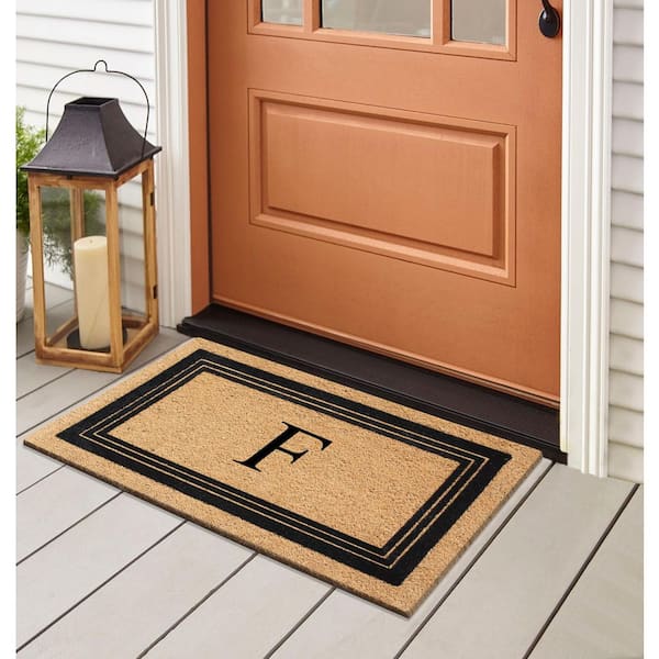A1HC Flock Black/Beige 18 in x 30 in Natural Coir Thin-Profile Non-Slip Outdoor Durable Monogrammed F Doormat
