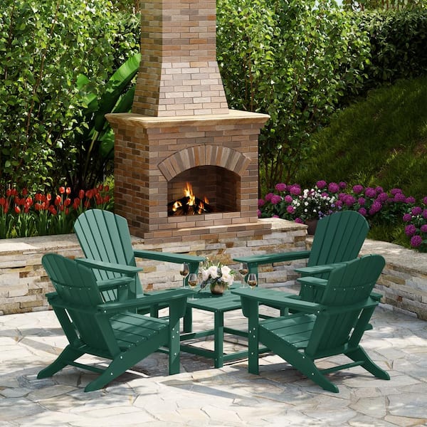 Altura Fade Resistant HDPE Plastic Dark Green 5PC Adirondack Chair Outdoor Patio Conversation Set, Square Coffee Table