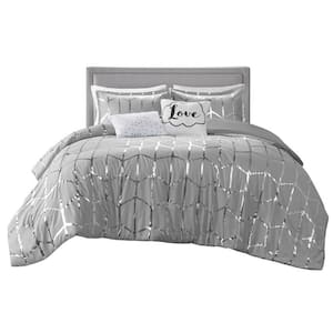 Grey/Silver Metallic Cal/King Size Polyester Printed Comforter Set 1 Comforter, 2 Shams and 2 Decorative Pillow Case
