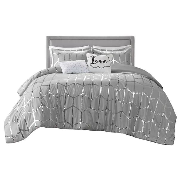 Afoxsos Grey/Silver Metallic Cal/King Size Polyester Printed Comforter Set 1 Comforter, 2 Shams and 2 Decorative Pillowcase