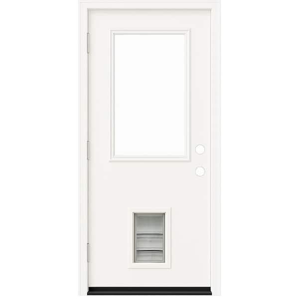 32 in. x 80 in. Reliant Series Clear Half Lite RHOS White Primed Fiberglass Prehung Back Door with Med Pet Door