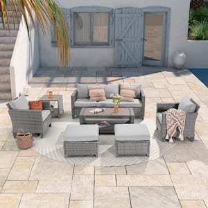 7-Piece Gray Wicker Outdoor Conversation Seating Sofa Set with Coffee Table, Linen Grey Cushions