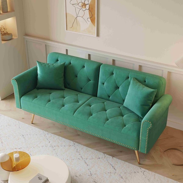 67.7 in. Square Arm Velvet Rectangle Sofa with Sofa Bed and Pillows in Green (Seats 2)