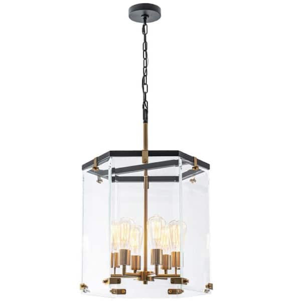 Y'INSP 6-Light Matte Black Geometric Hexagon Lantern Cage Chandelier For Dining Room with Clear Glass Shade, No Bulb Included