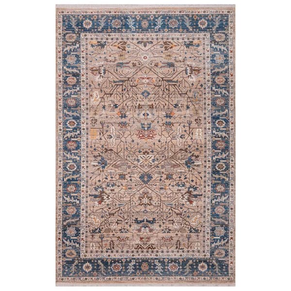 7' X 10' Teal Brown And Beige Oriental Area Rug With Fringe