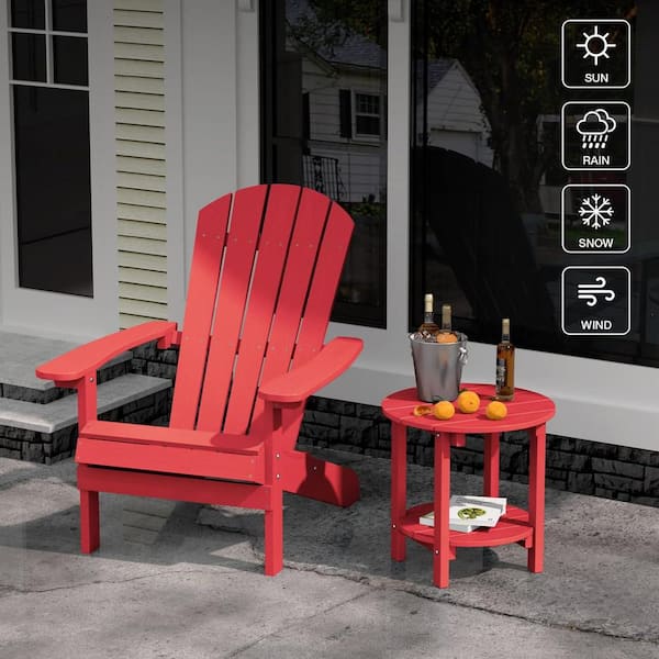 18 in. Red Round Plastic Adirondack Outdoor Double Layer Patio Side Table (set of 2)