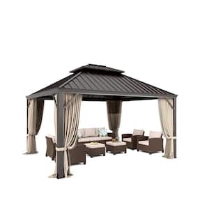 12 ft. x 14 ft. Gakvanized Steel Hardtop Gazebo With Mosquito Net and Privacy Curtain