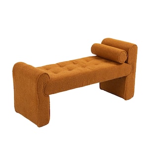 Modern Orange Boucle Upholstered Bedroom Bench with Pillows