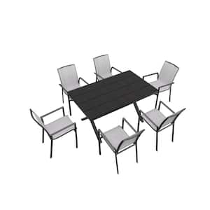 7-Piece Aluminum Standard Height Outdoor Dining Table Set with Textilene Backrest and Plastic Wood Tabletop
