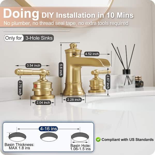 1-Piece Widespread Bathroom Faucet with Pop-Up Drain in Gold, Brass Waterfall Faucet for Bathroom Sink