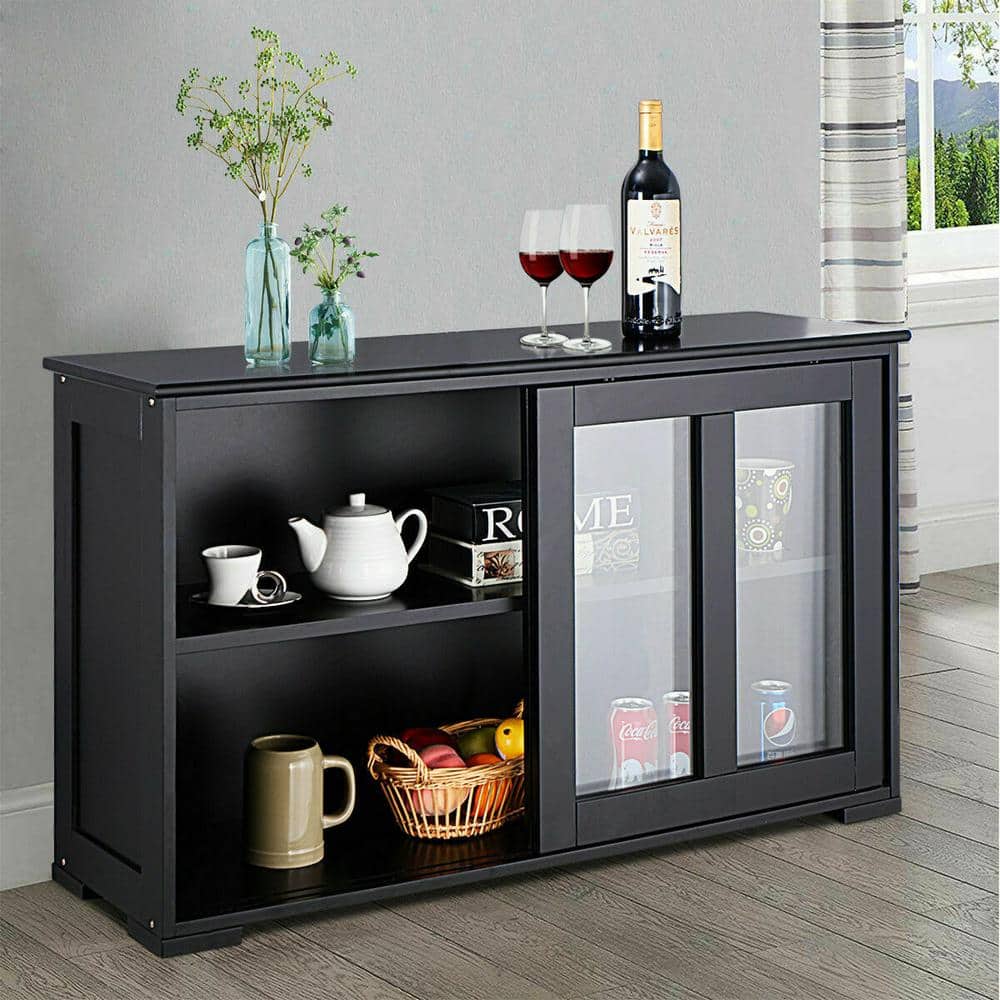 Black MDF and Glass Sliding Door Sideboard Cabinet