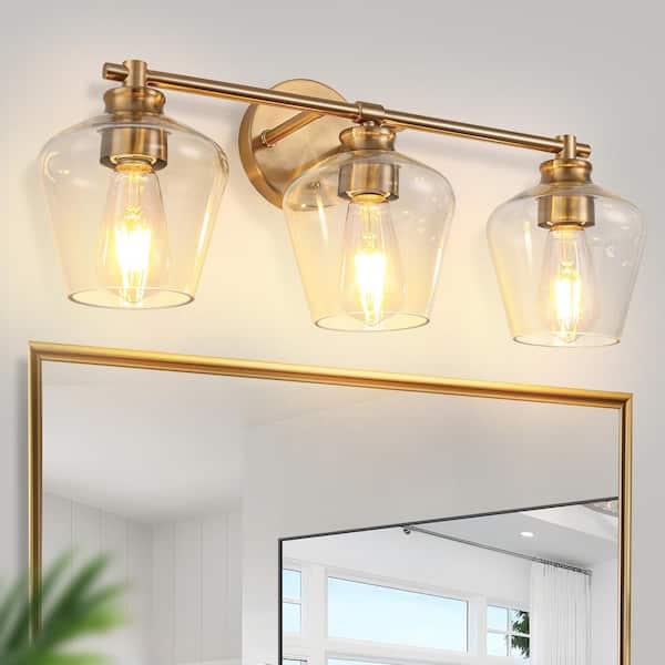 22 in. Gold 3-Light Bathroom Vanity Light, Modern Lighting Over Mirror with Clear Glass Shade for Bathroom