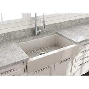 Nuova Pro 34 in. Short Apron Drop-In/Undermount Single Bowl Biscuit Fireclay Kitchen Sink with Grid in. Strainer