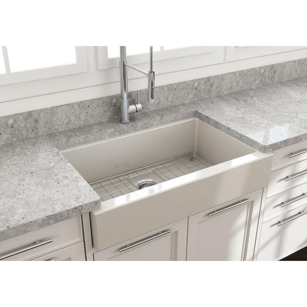 BOCCHI Nuova Pro 34 in. Short Apron Drop-In/Undermount Single Bowl Biscuit Fireclay Kitchen Sink with Grid in. Strainer