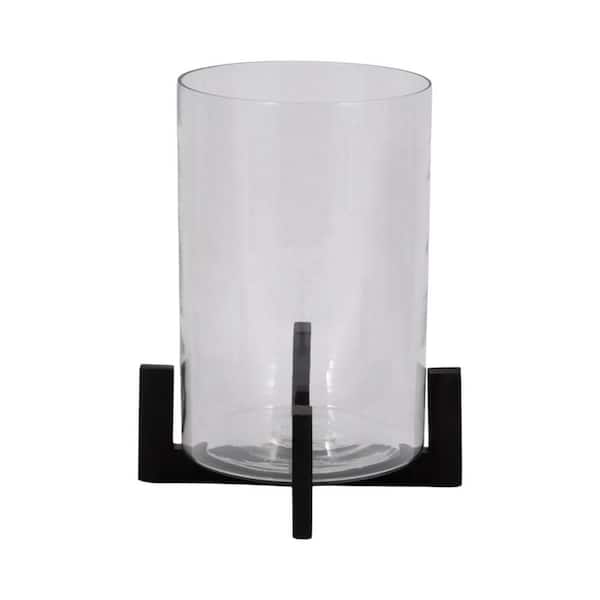 Black 13 in. Wood Cylinder Modern Hurricane Candle Holder
