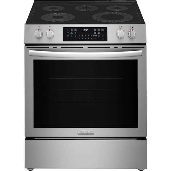 30 in. 5 Element Slide-In Front Control 30 min Steam Cleaning Electric Range with Total Convection in Stainless Steel