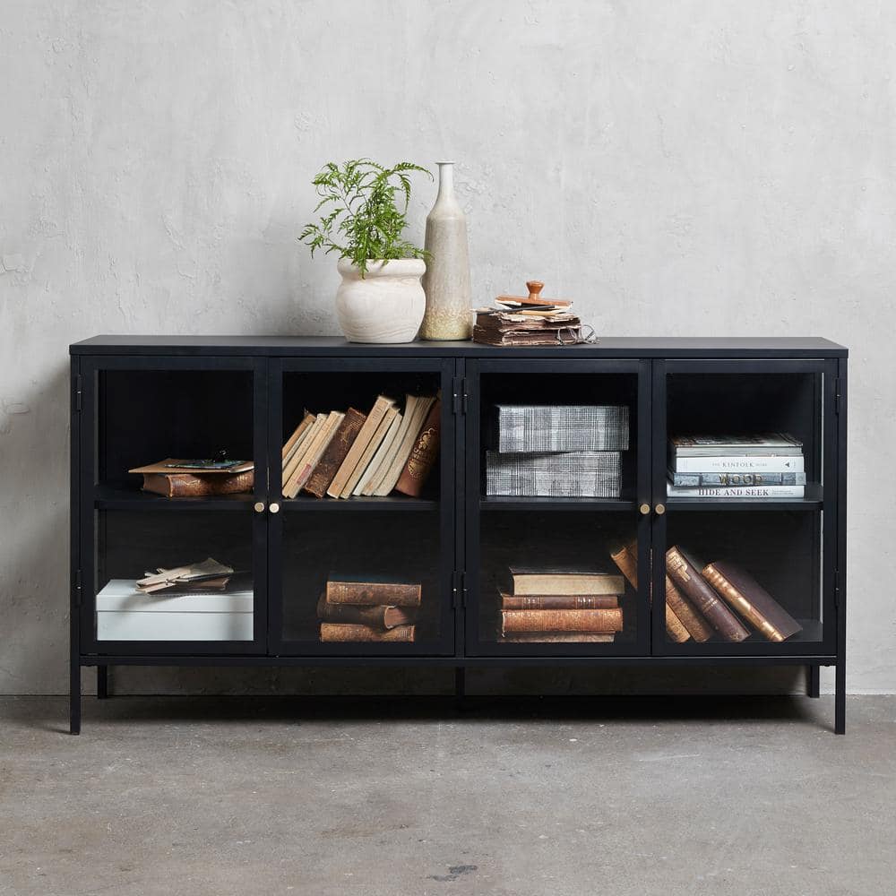67" Black Metal and Glass 4-Door Sideboard