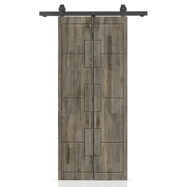 32 in. x 80 in. Hollow Core Weather Gray Stained Pine Wood Bi-fold Door with Sliding Hardware Kit