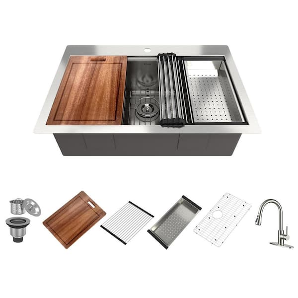 Boyel Living 33 in. Drop-In Single Bowl Stainless Steel Kitchen Sink with Faucet, Colander, Cutting Board, Rolling Drying Rack, Drain