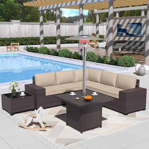 Halmuz 7-Piece Wicker Patio Conversation Set with 45000 BTU Patio Heater/Fire Pit Table, Glass Coffee Table and Sand Cushions