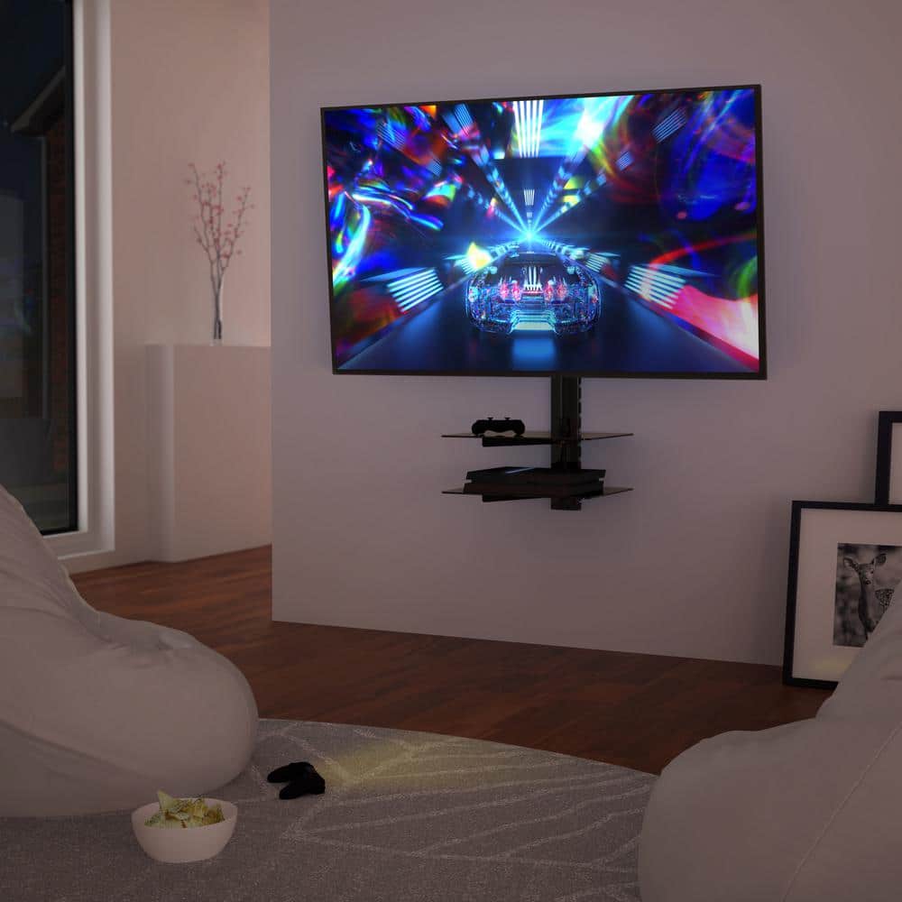 Black Steel Wall Mount with 2 Glass Shelves for 37"-60" TVs