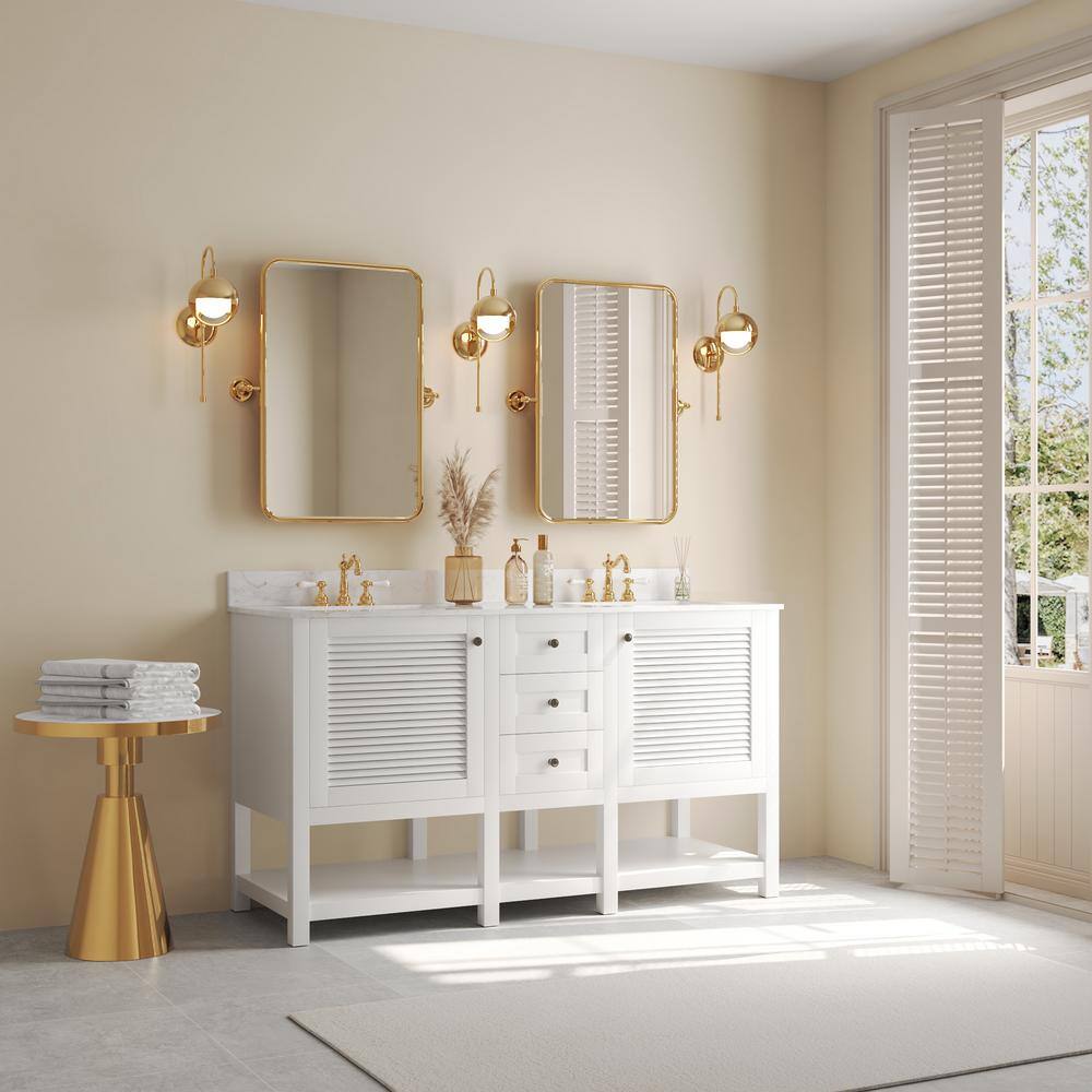 60'' White Double Sink Freestanding Bathroom Vanity with Marble Top