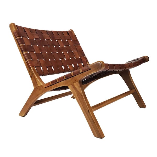Warehouse of Tiffany Brisot 26 in. Brown Square Weave Leather on Teak Frame Lounge Chair