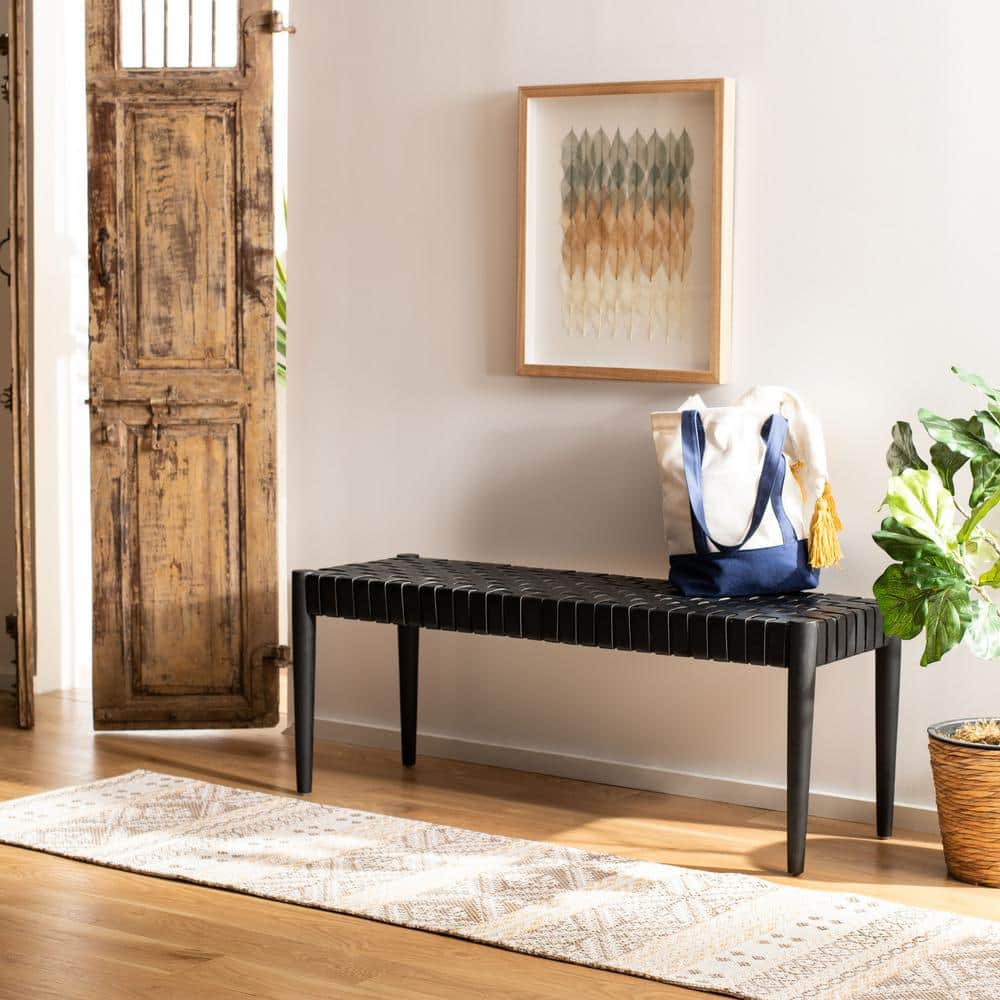 Amalia Mindi Wood and Woven Leather Entryway Bench