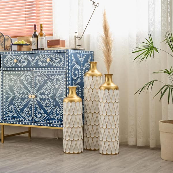 24 in./28in./32in. White Metal Vase Trio, Droplet-Shaped Floor Vases Gold Accents, Glazed Modern Home Decor Centerpieces